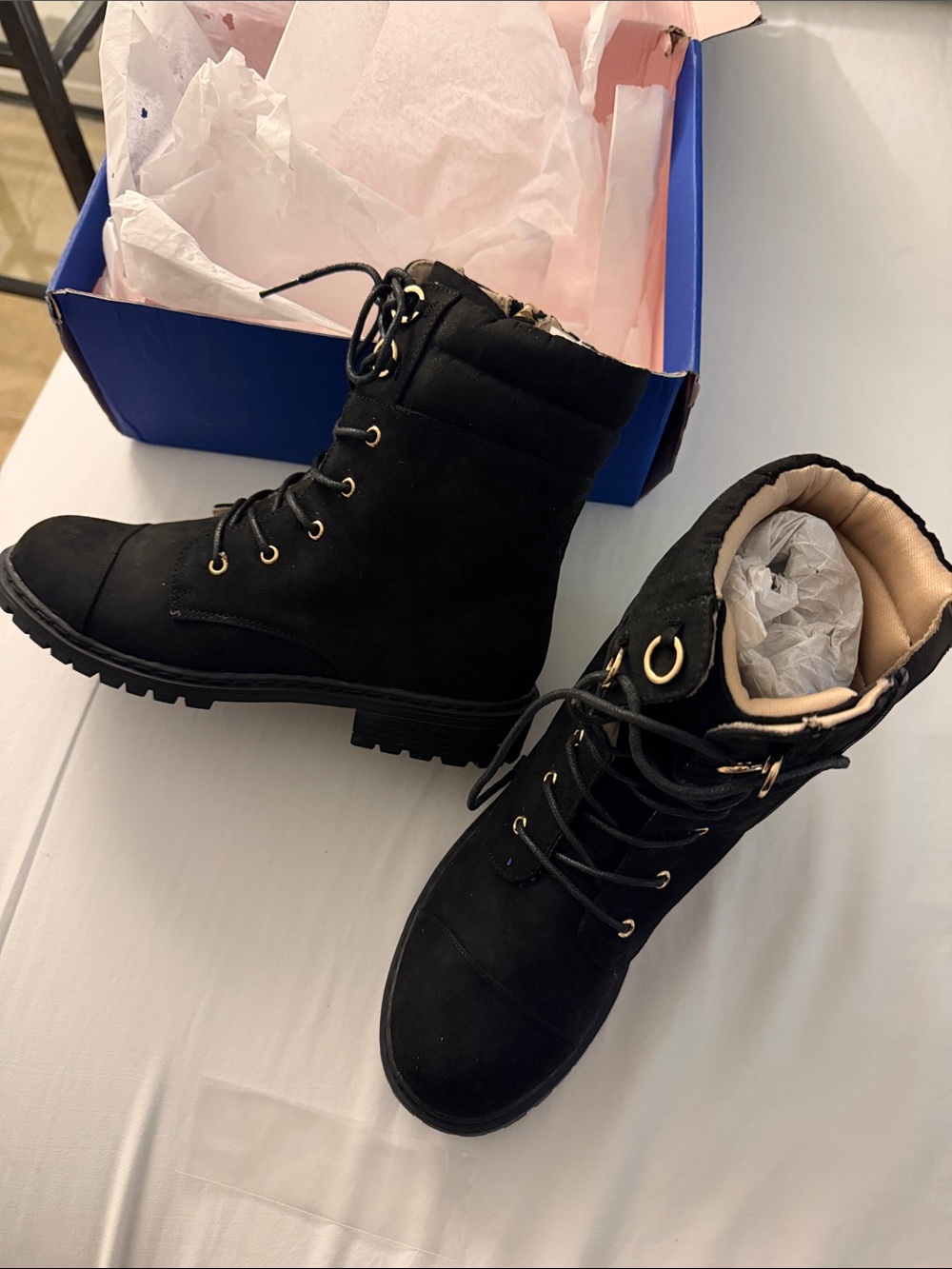 Stuart Weitzman Black Lace-Up Padded Combat Boots with Gold Eyelets